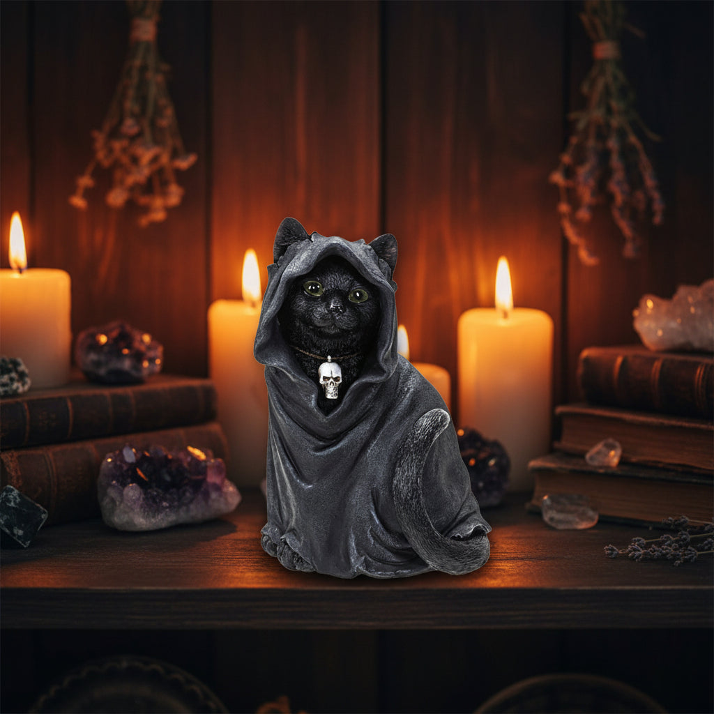 Black Cloak Cat Figurine, hand-painted polyresin sculpture