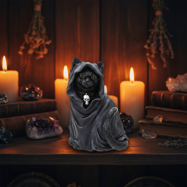 Black Cloak Cat Figurine, hand-painted polyresin sculpture