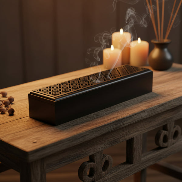 Black Finish Wood Incense Box Burner - Large