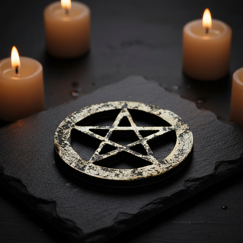 Black with Gold Pentagram Altar Tile, silver-plated over solid brass