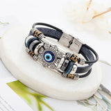 Black leather Evil Eye bracelet men’s jewelry piece for daily wear, layered wrist styling, and protective fashion use.