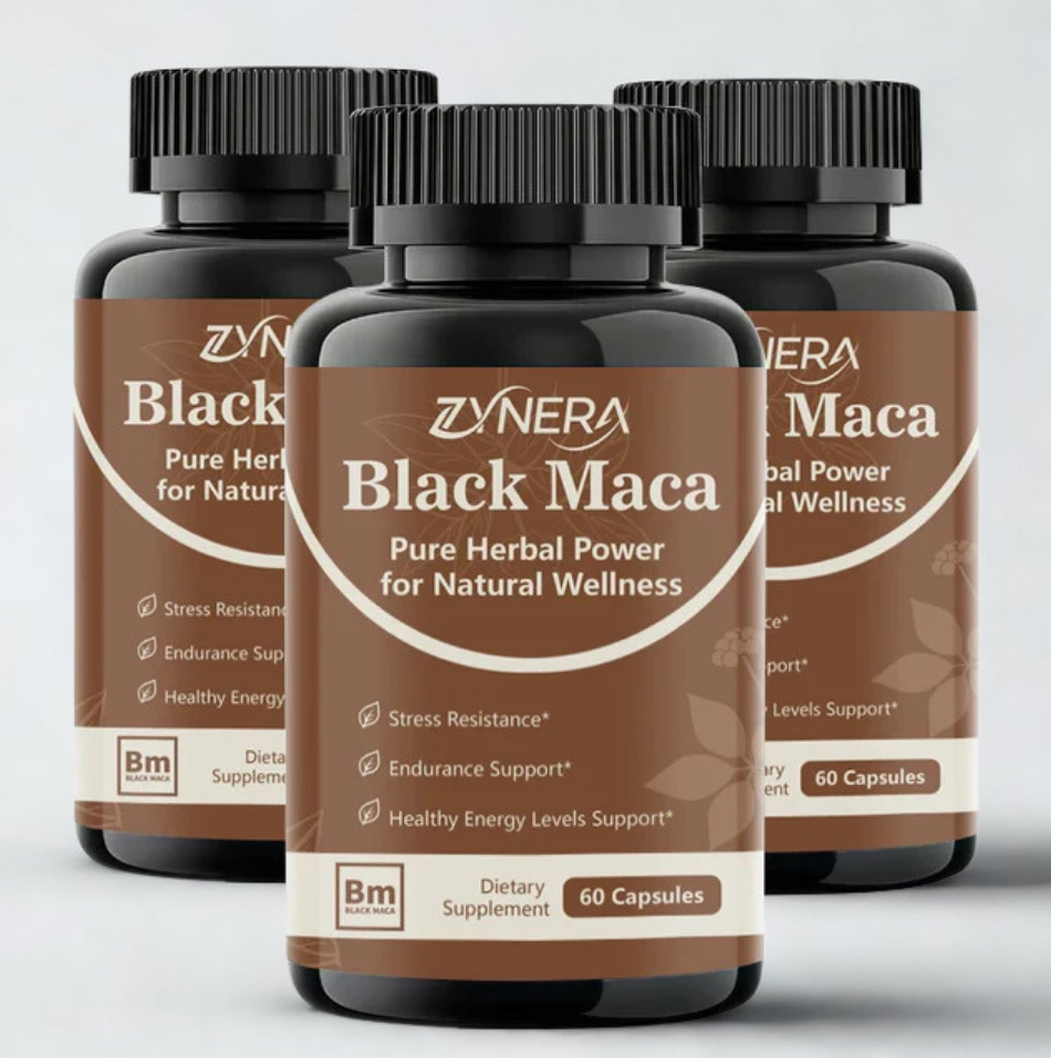 Black Maca Capsules for Men bottle for plant-based vitality support, men's wellness, and everyday supplement use.
