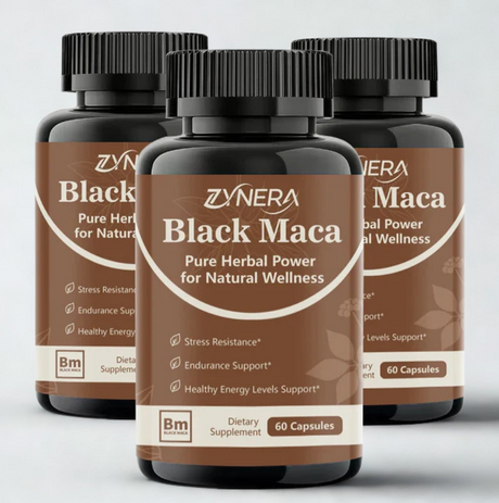Black Maca Capsules for Men bottle for plant-based vitality support, men's wellness, and everyday supplement use.