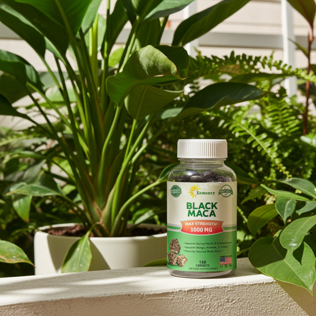 Black Maca Root Capsules bottle for herbal endurance support, daily vitality care, and routine supplement use.