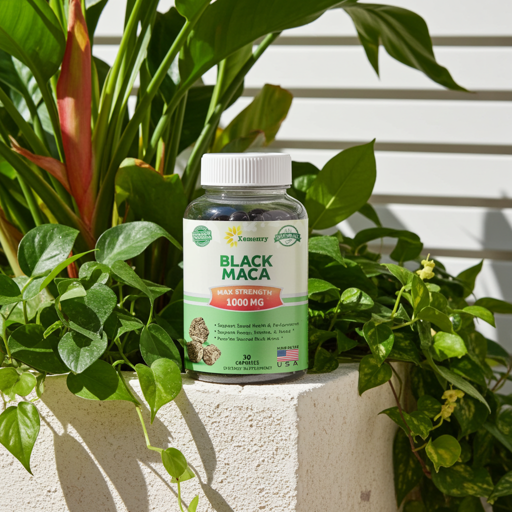 Black Maca Root Capsules bottle for herbal energy support, active lifestyle wellness, and daily capsule use.