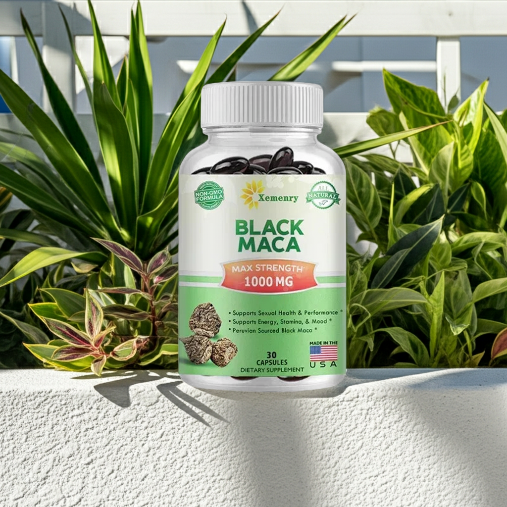Black Maca Root Capsules bottle for maca root wellness support, daily vitality, and regular supplement use.
