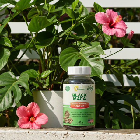 Black Maca Root Capsules bottle for natural vitality support, wellness maintenance, and daily capsule use.