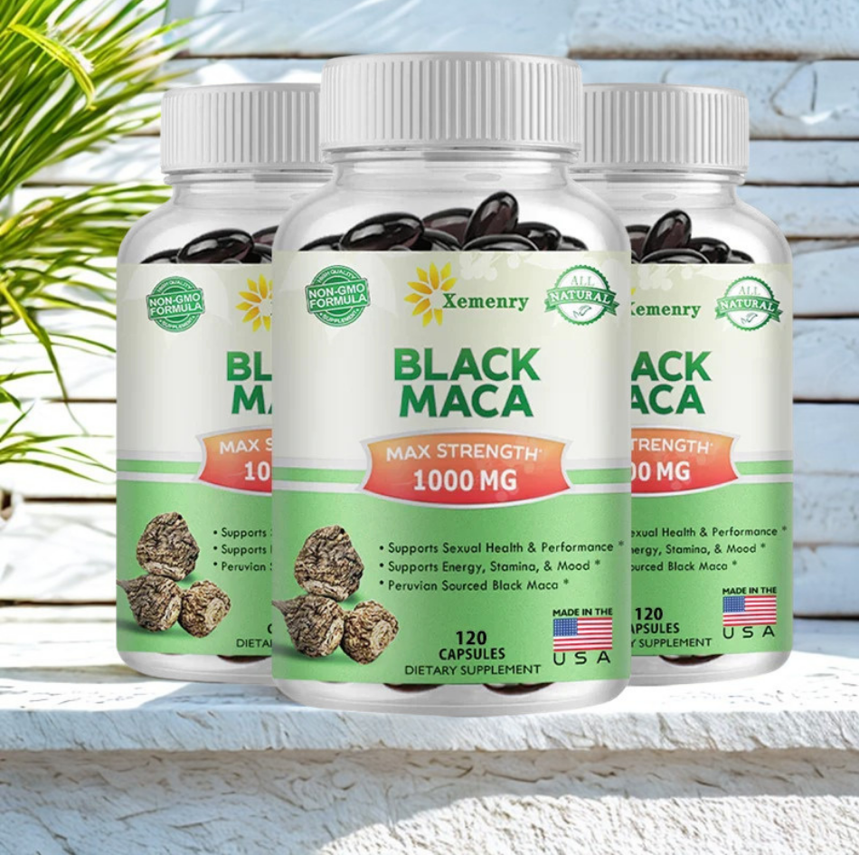 Black Maca Root Capsules bottle for natural wellness support, daily vitality care, and regular supplement use.