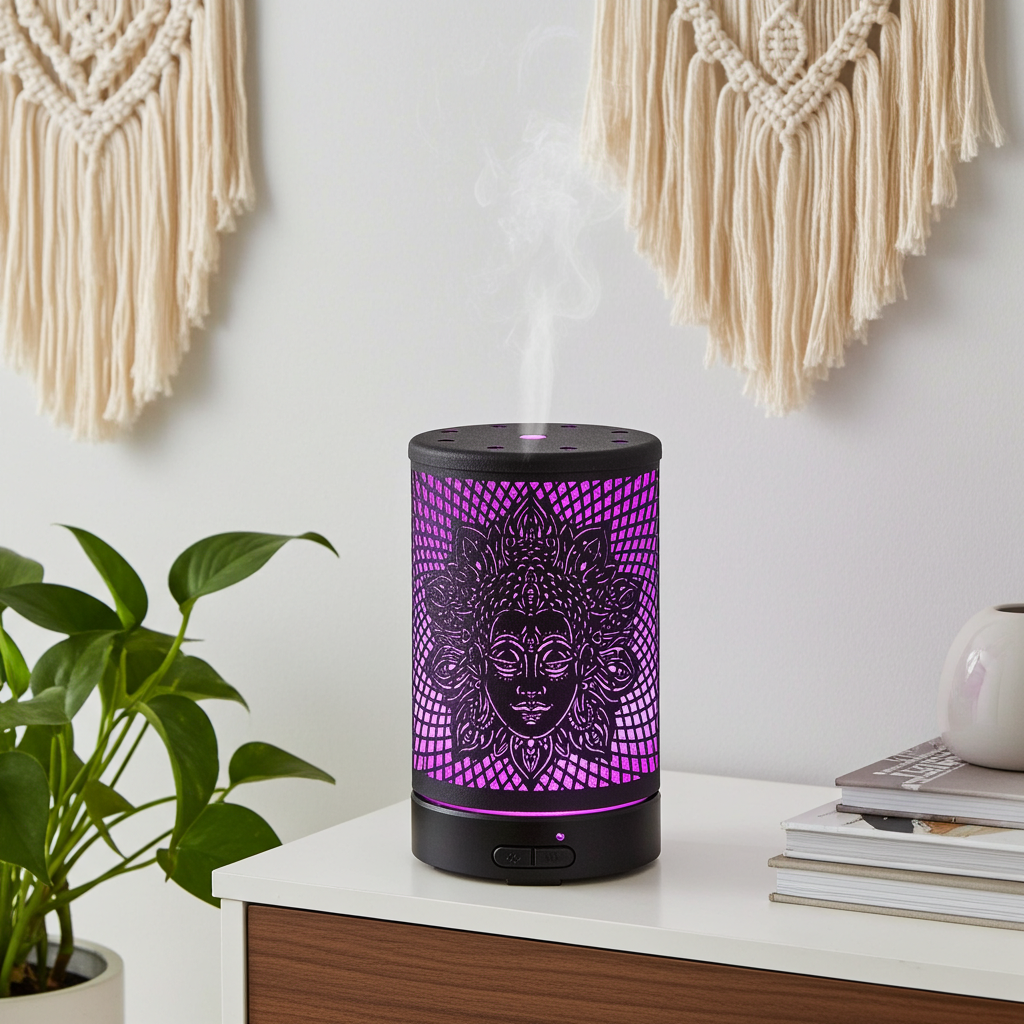 Black Metal Goddess ultrasonic essential oil diffuser for aromatherapy, home fragrance, and relaxation use.