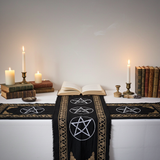 Black pentacle altar cloth 21 x 72 inch altar fabric for ceremonial use, ritual work, and pagan altar arrangement.