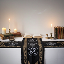 Black pentacle altar cloth 21 x 72 inch altar fabric for ceremonial use, ritual work, and pagan altar arrangement.
