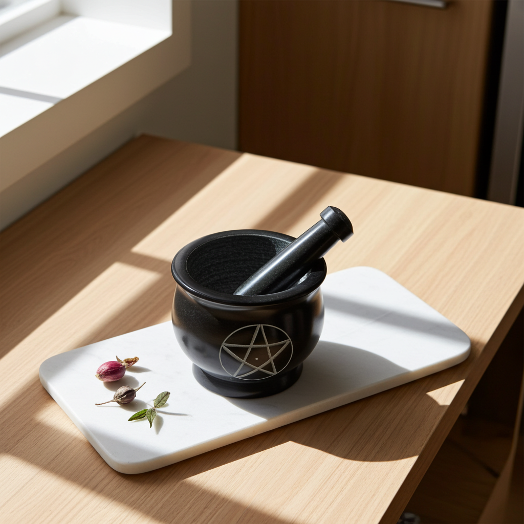 Pentacle mortar and pestle in black for crushing herbs, spices, and ritual blends for spiritual practice.