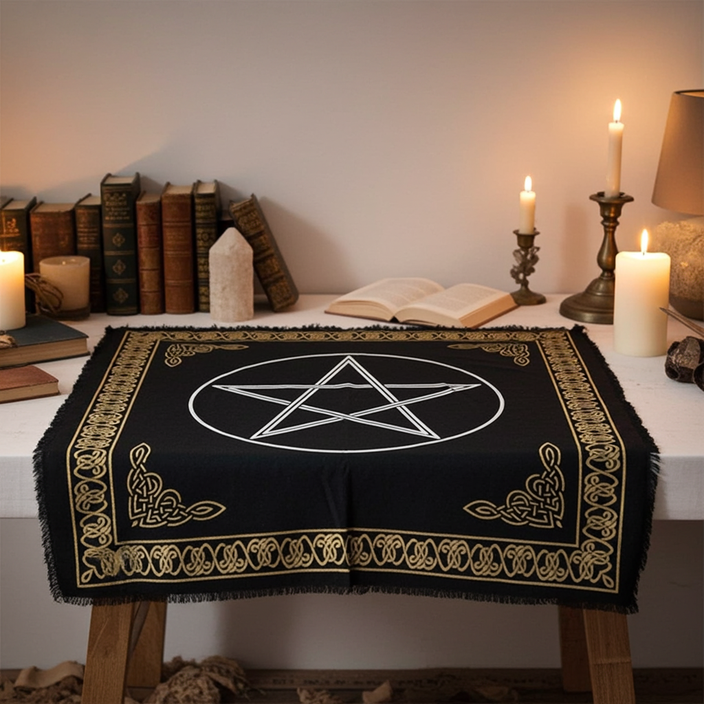 Black pentagram altar cloth with metallic gold and silver print for ceremonial use, tarot readings, and sacred space decoration.