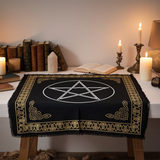 Black pentagram altar cloth with metallic gold and silver print for ceremonial use, tarot readings, and sacred space decoration.