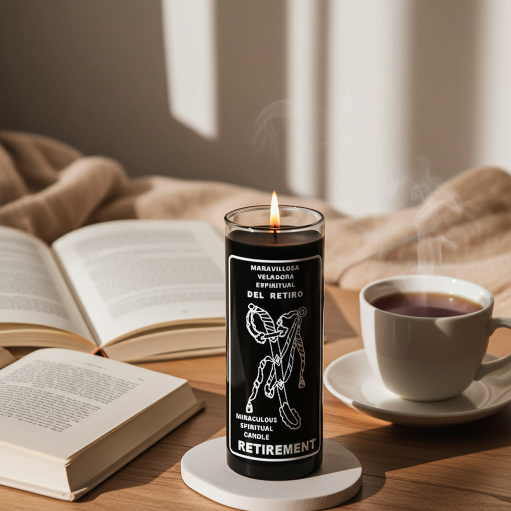 Black Retirement 7 day candle in a glass jar for retirement prayers, altar use, and spiritual intention practice.