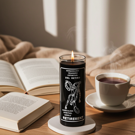 Black Retirement 7 day candle in a glass jar for retirement prayers, altar use, and spiritual intention practice.