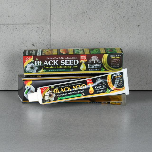 Black Seed Essential Toothpaste tube for daily brushing, oral hygiene, and fresh breath care.
