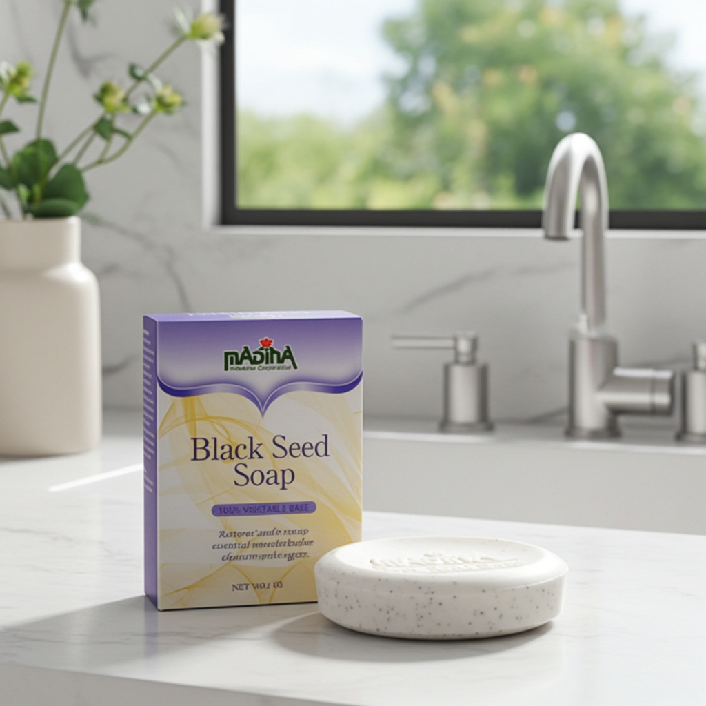 Madina Black Seed Soap bar for skincare, body cleansing, and regular bath routines.