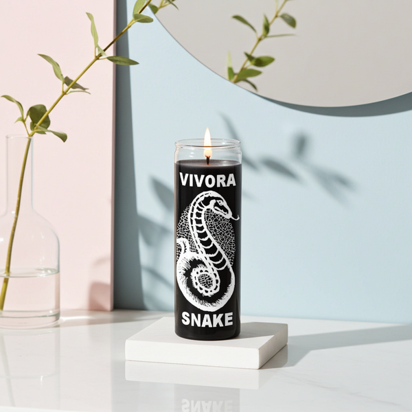 Black Snake 7 day candle in glass jar for spiritual protection, reversal work, and ritual use.