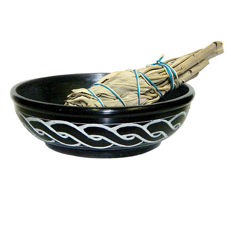 Black Soap Stone Carved Bowl, 5 inches, Celtic knot design