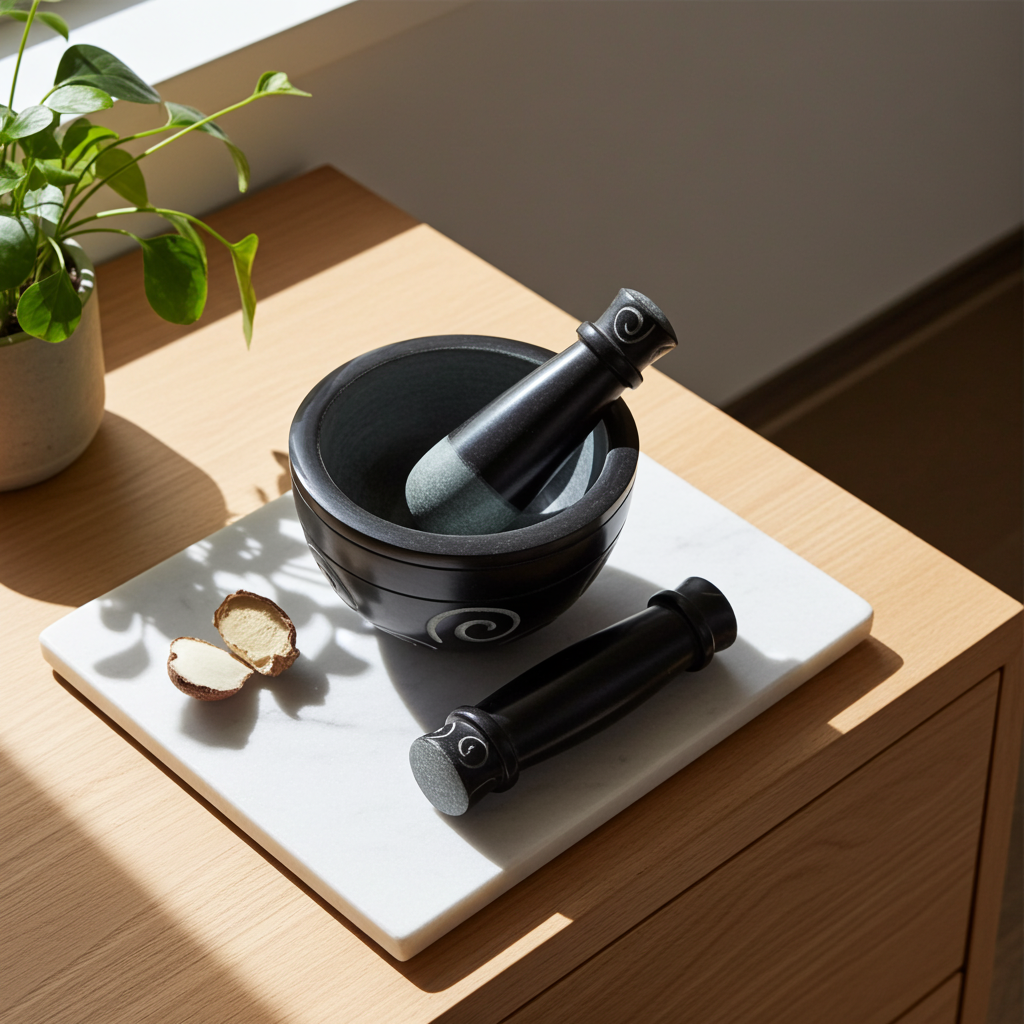 Black soapstone mortar and pestle set for crushing whole spices, herbs, and garlic during food preparation.