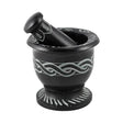 Black Soapstone Mortar and Pestle with carved Celtic knot design