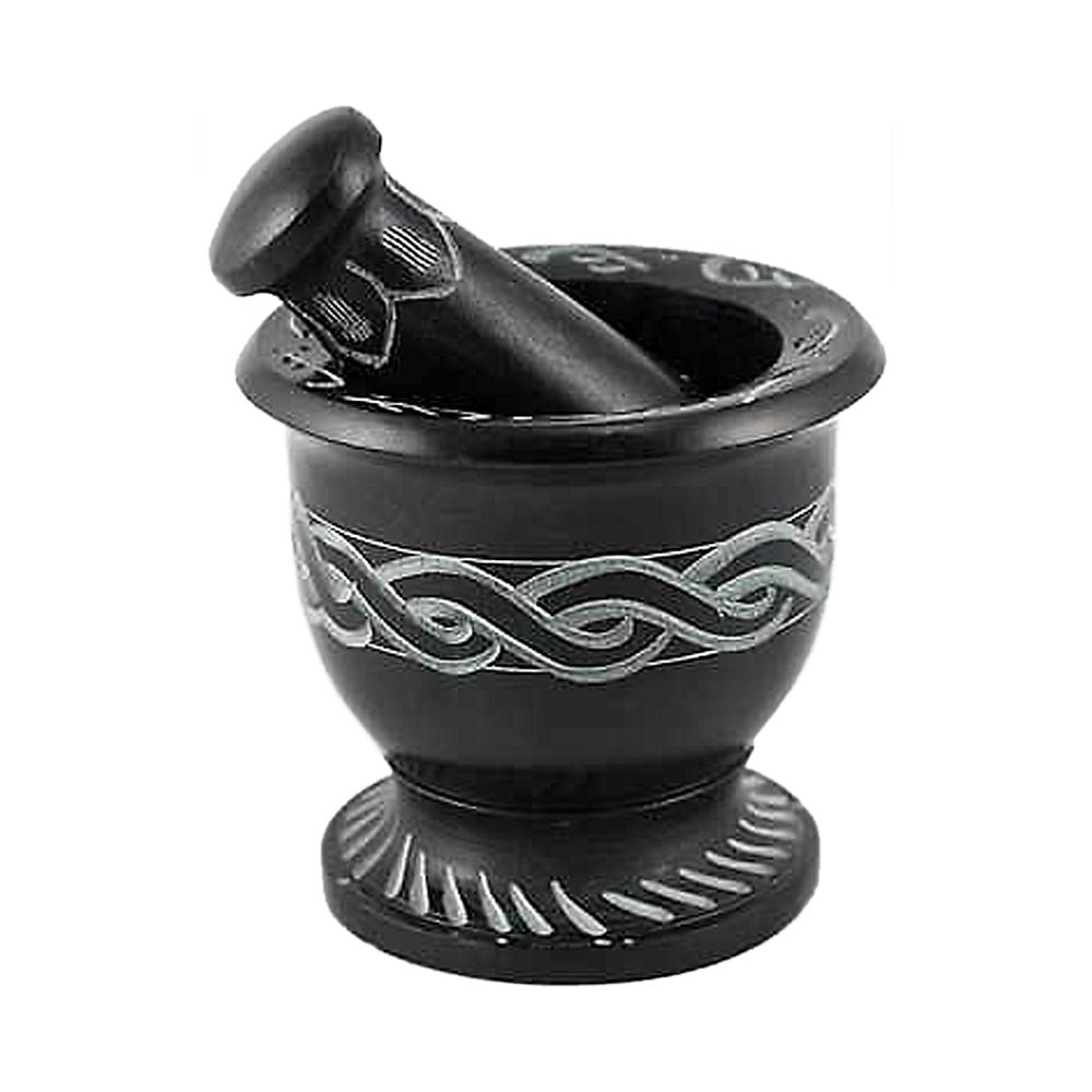 Black Soapstone Mortar and Pestle with carved Celtic knot design