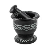 Black Soapstone Mortar and Pestle with carved Celtic knot design