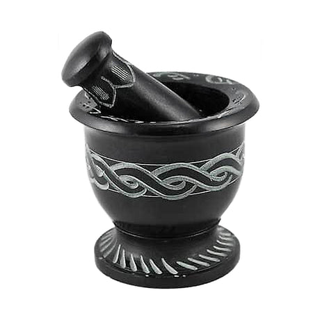 Black Soapstone Mortar and Pestle with carved Celtic knot design