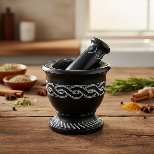 Black Soapstone Mortar and Pestle with carved Celtic knot design