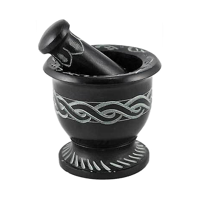 Black Soapstone Mortar and Pestle with carved Celtic knot design