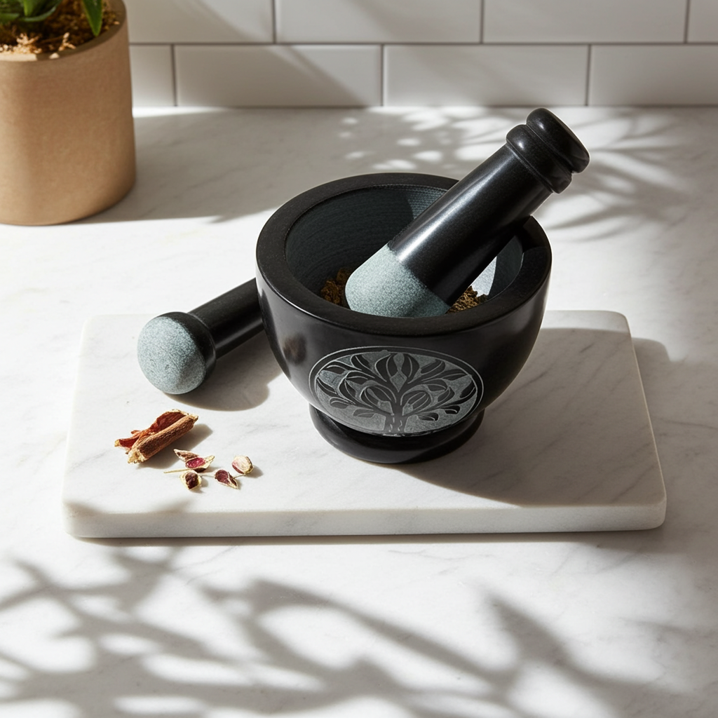 Black soapstone Tree of Life mortar and pestle set for crushing spices, herbs, and seasoning blends during food prep.