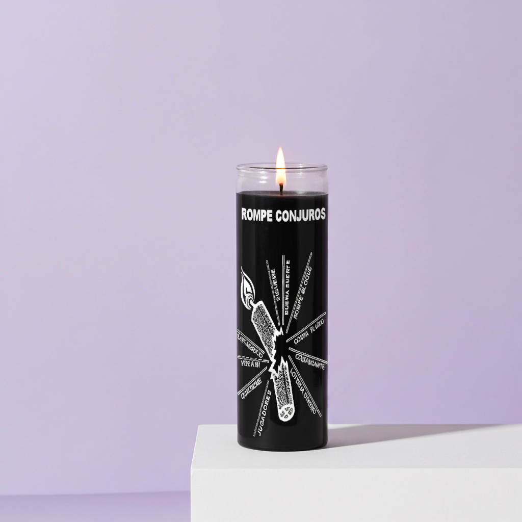 Spell Breaker black 1 color candle in glass container for uncrossing work, prayer, and spiritual protection use.
