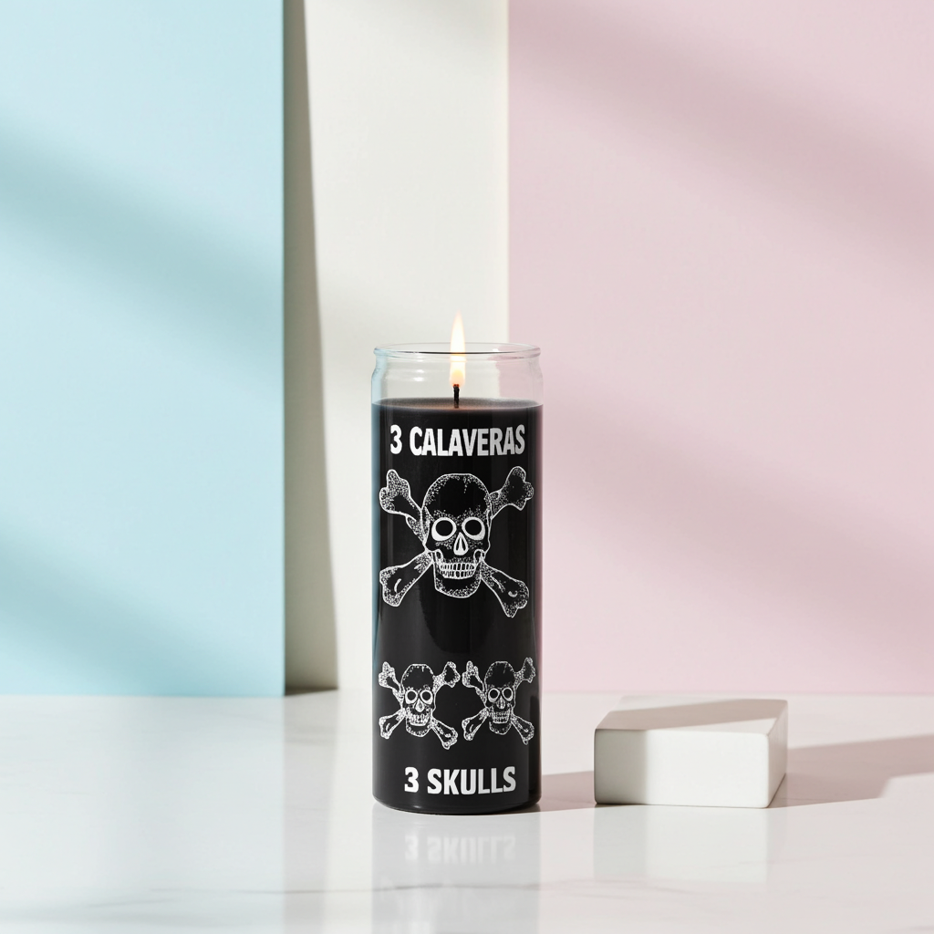 Black Three Skulls 7 day candle in tall glass container for protection work, banishing rituals, and ceremonial use.