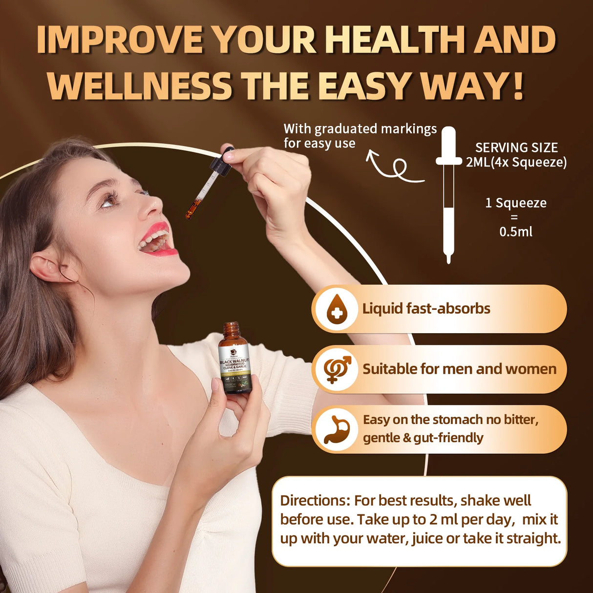 Black Walnut Wormwood extract drops bottle for digestive wellness, herbal gut support, and daily tincture use.