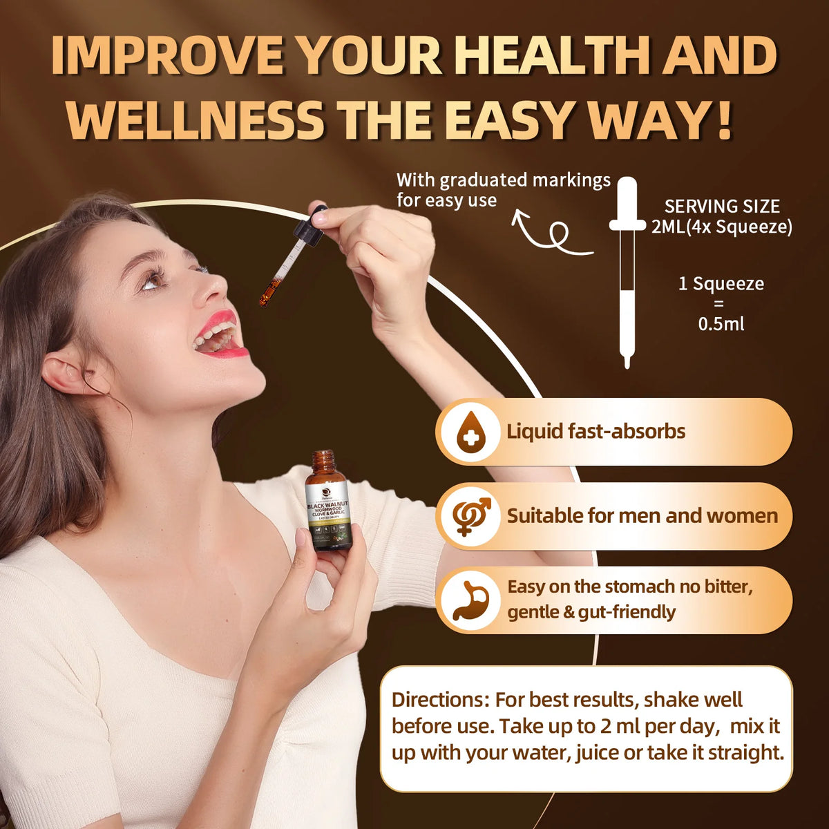 Black Walnut Wormwood extract drops bottle for digestive wellness, herbal gut support, and daily tincture use.