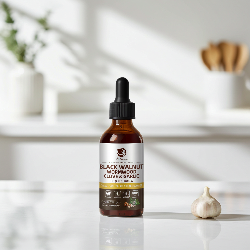 Black Walnut Wormwood herbal drops tincture bottle for digestive support, stomach balance, and herbal wellness use.