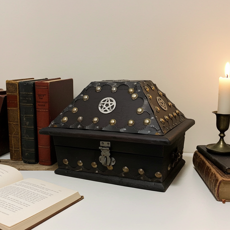 Pentacle Inlaid Black Wood Chest black wooden chest for storing crystals, herbs, and spiritual supplies.
