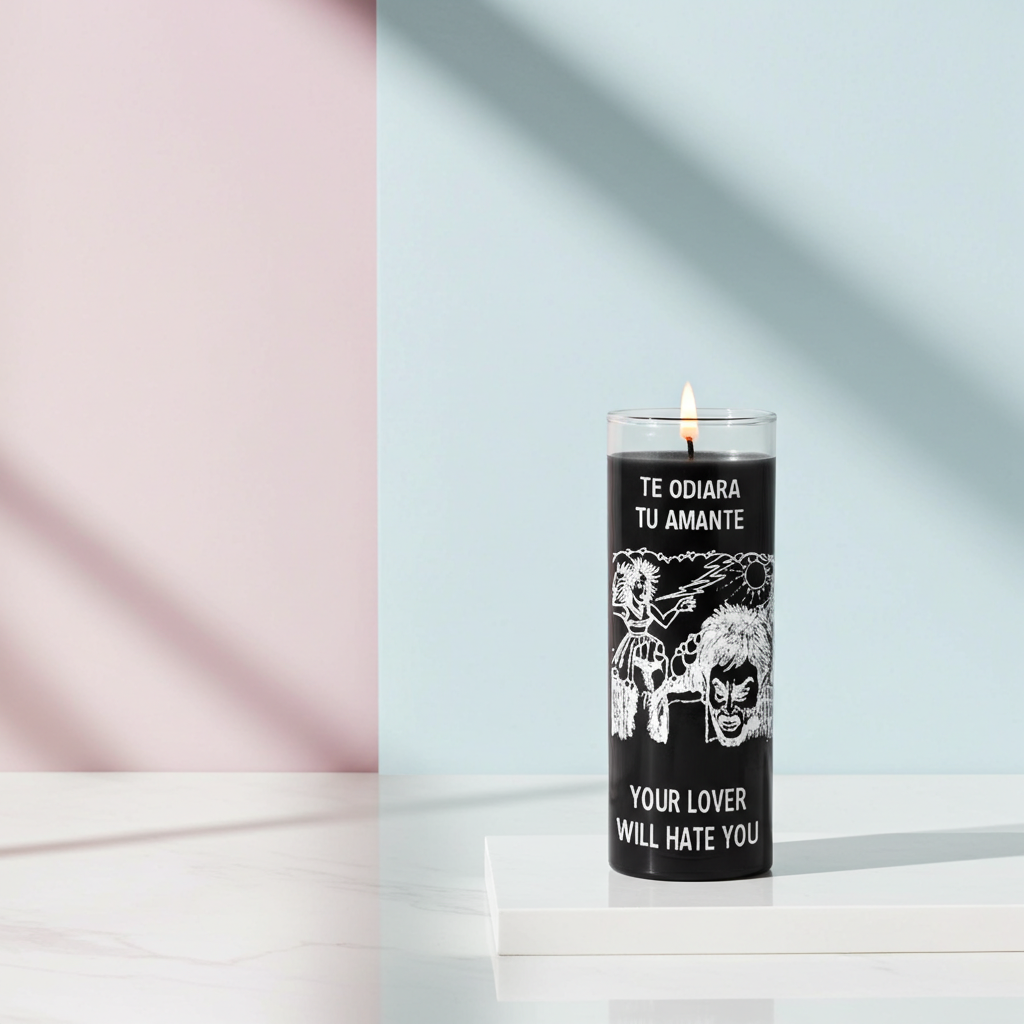 Your Lover Will Hate You black glass 7 day candle for separation rituals, revenge work, and ceremonial candle burning.