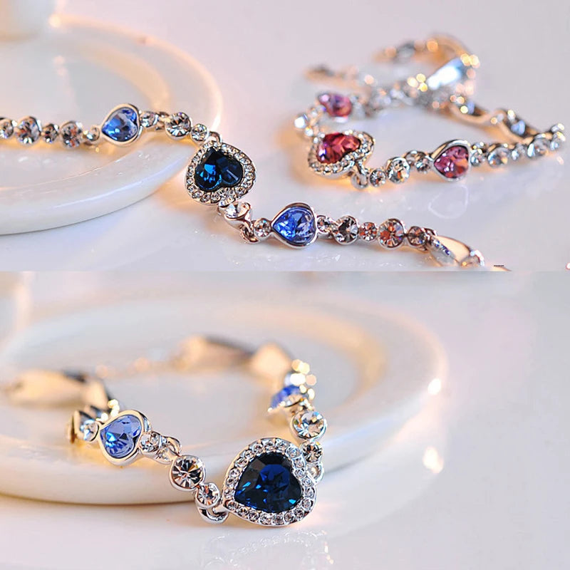 Blue Crystal Heart Charm Bracelet link bracelet for everyday accessorizing, romantic gifting, and dressy outfit styling.