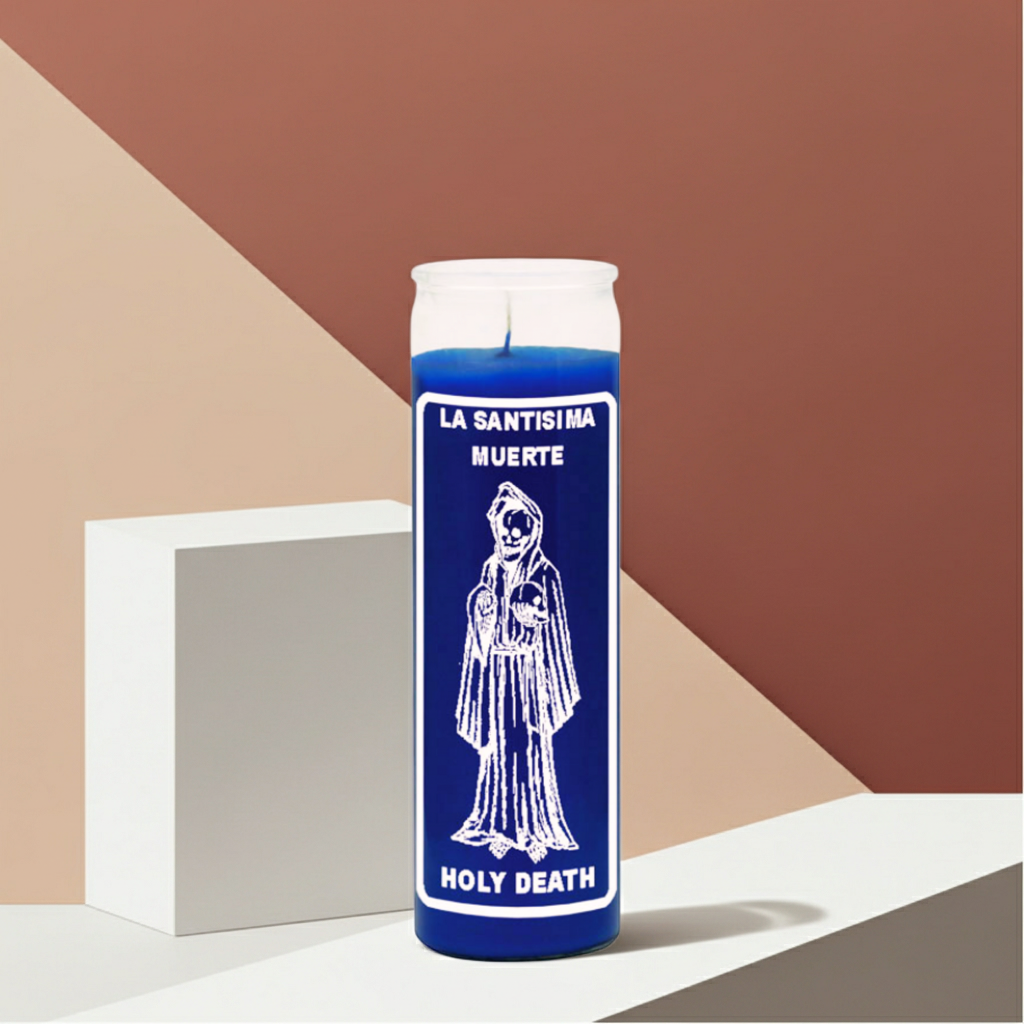 LA SANTISIMA MUERTE-HOLY DEATH blue prayer candle in glass for devotional burning, petition work, and ceremonial practice.