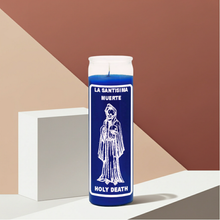 LA SANTISIMA MUERTE-HOLY DEATH blue prayer candle in glass for devotional burning, petition work, and ceremonial practice.