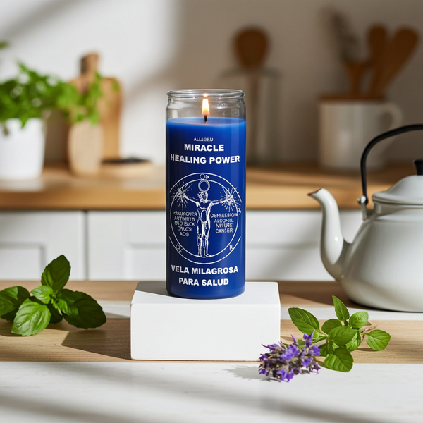 Miracle Healing blue glass candle for blessing, healing petitions, and altar use.