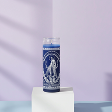 Miraculous Mother blue prayer candle in tall glass for spiritual devotion, blessing work, and daily prayer practice.