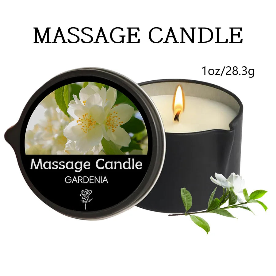 Body massage candle with essential oils in a pourable wax container for soothing massage, moisturizing care, and aromatherapy use.