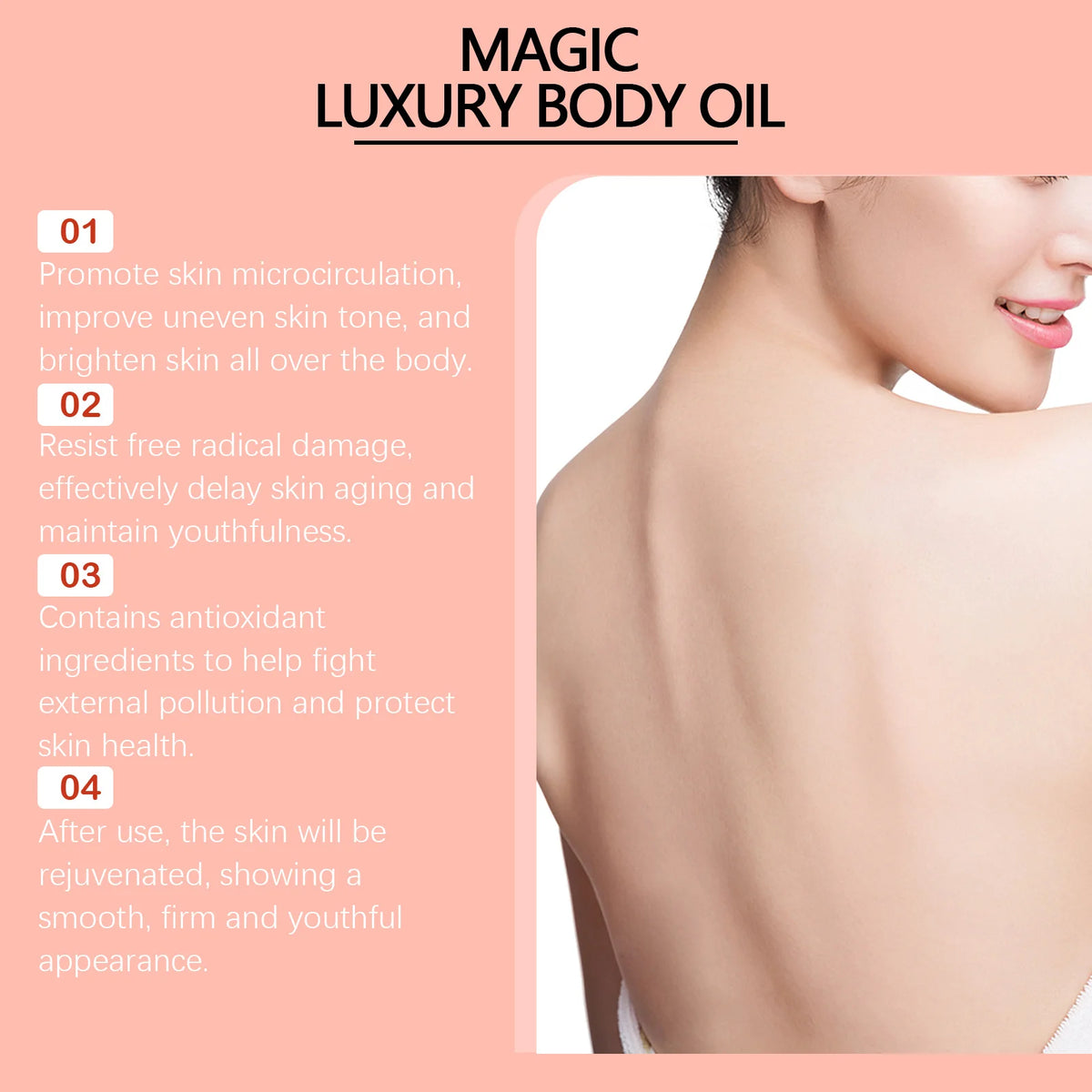 OceAura body moisturizing and firming oil bottle for daily skincare, softening rough areas, and body treatment use.