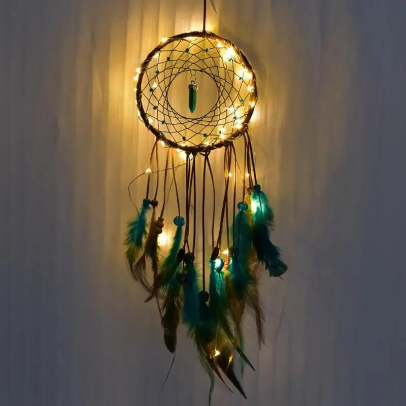 Bohemian LED dream catcher with lights and feathers for dorm room decor, calming evening lighting, and decorative wall hanging.