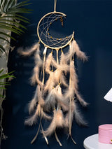 Bohemian Moon Dream Catcher feather chime for bedroom decoration, cozy interior styling, and decorative hanging use.