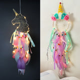 Bohemian unicorn dream catcher home decor hanging piece for bedroom wall accents, nursery decoration, and fantasy-inspired room styling.
