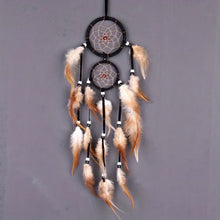 Boho Indian Dream Catcher with Brown Feathers hanging ornament for bedroom decor, nursery styling, and cozy home accents.